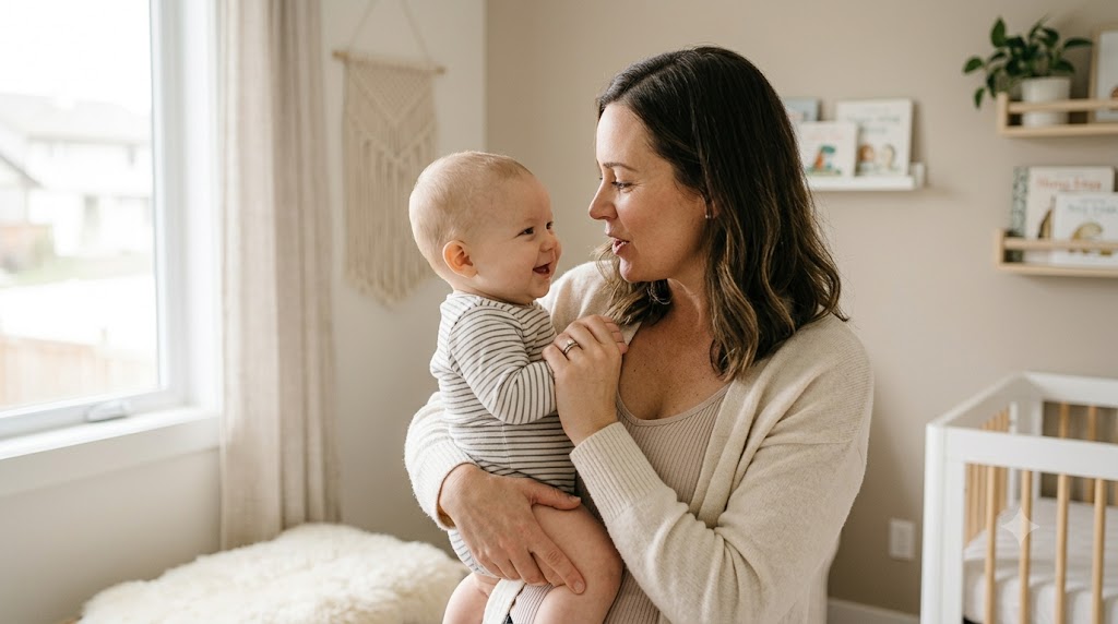 A loving mother gently holding her smiling baby in a bright nursery,
