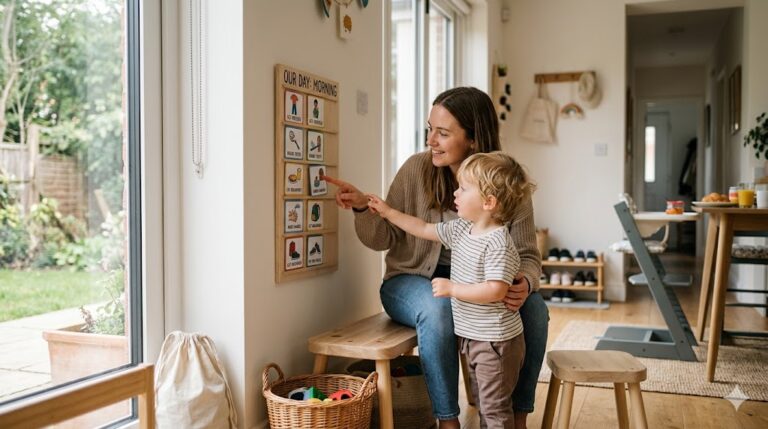 Parent and toddler following a calm daily routine at home