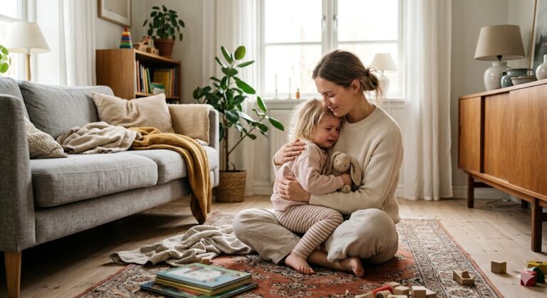Toddler experiencing big feelings with a supportive parent nearby
