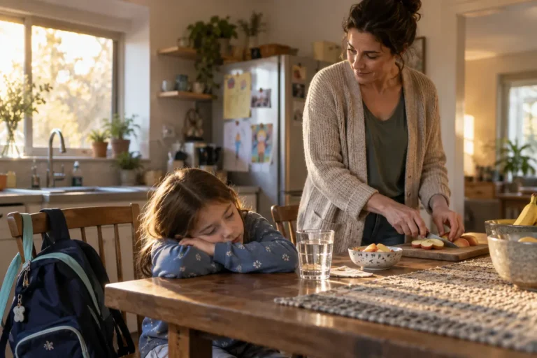 Mother helping her school age child recover during a calm after school routine