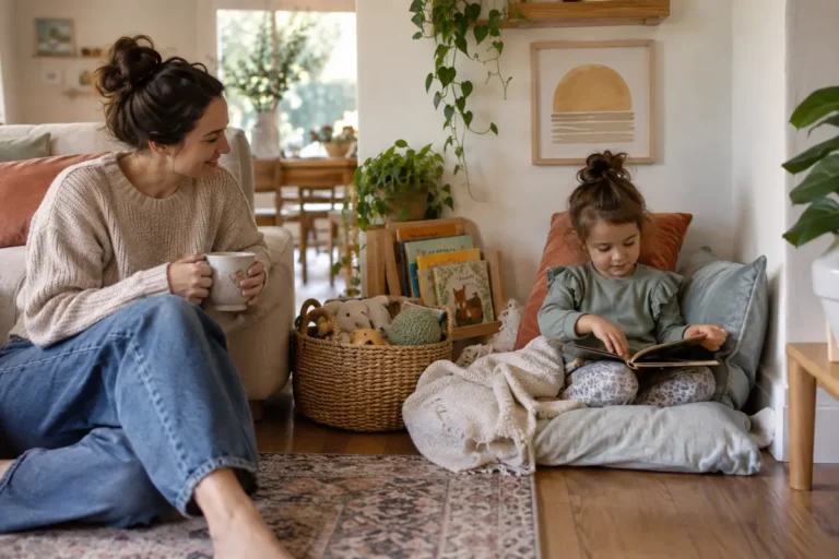 Cozy calm down corner with cushions books and sensory tools for children