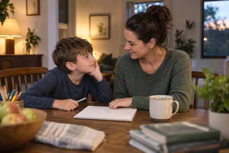 Mother and school age child calmly discussing a repeated behavior problem