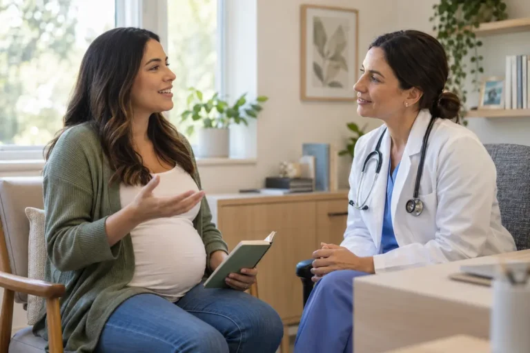 Pregnant woman talking with a healthcare professional at her first prenatal appointment