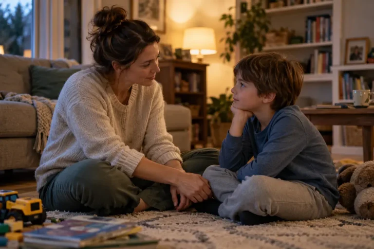 Parent reconnecting calmly with a child after a difficult moment