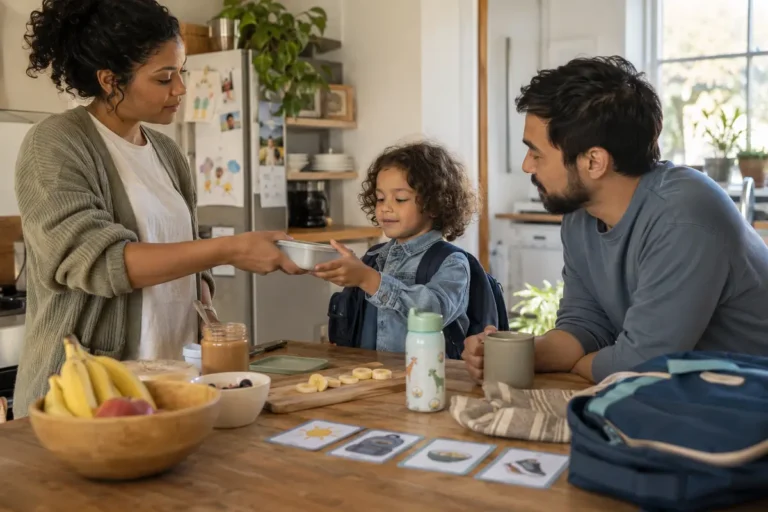 Two parents coordinating a consistent family routine at home