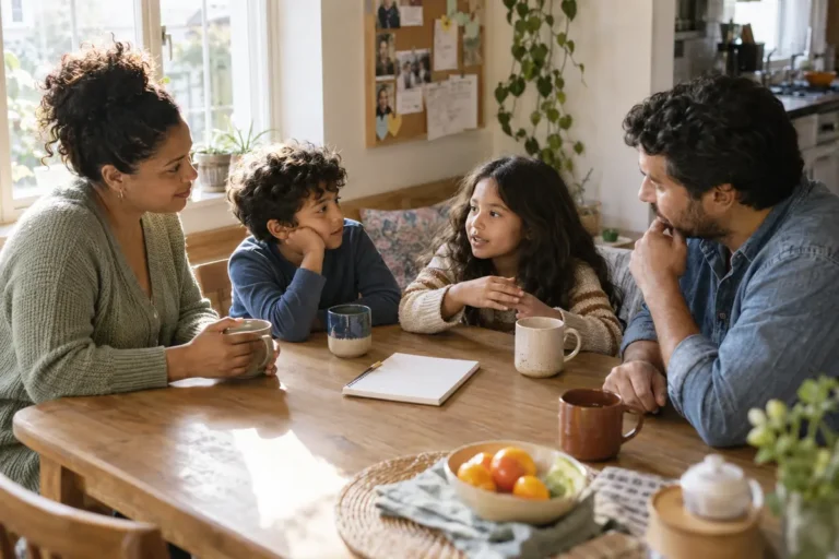 Family having a short relaxed meeting around the table