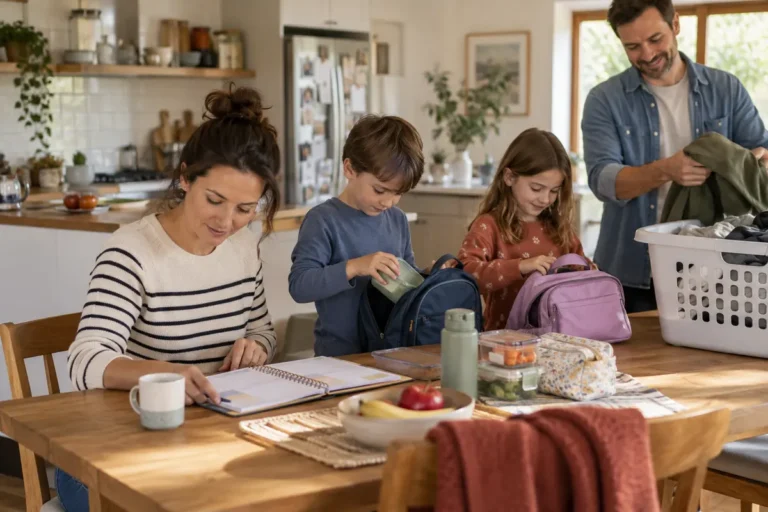 Family organizing the week together during a Sunday reset