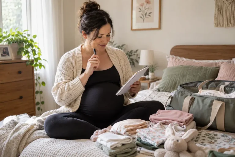 Pregnant woman reviewing a practical third trimester checklist at home