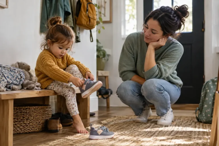 Parent supporting toddler independence during an everyday task