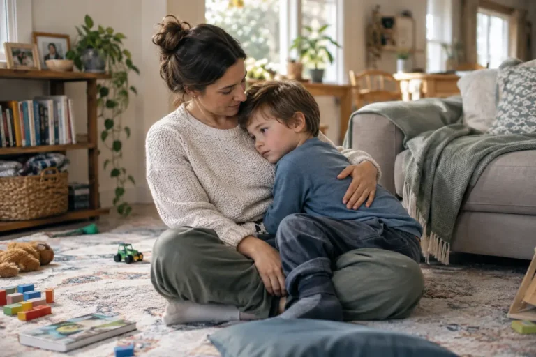 Mother comforting a child who feels safe expressing difficult emotions